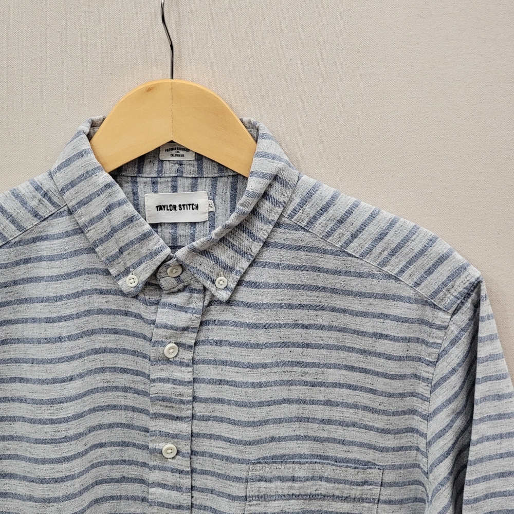 Taylor Stitch Short Sleeve Jack in Blue and Grey Stripe 42/L